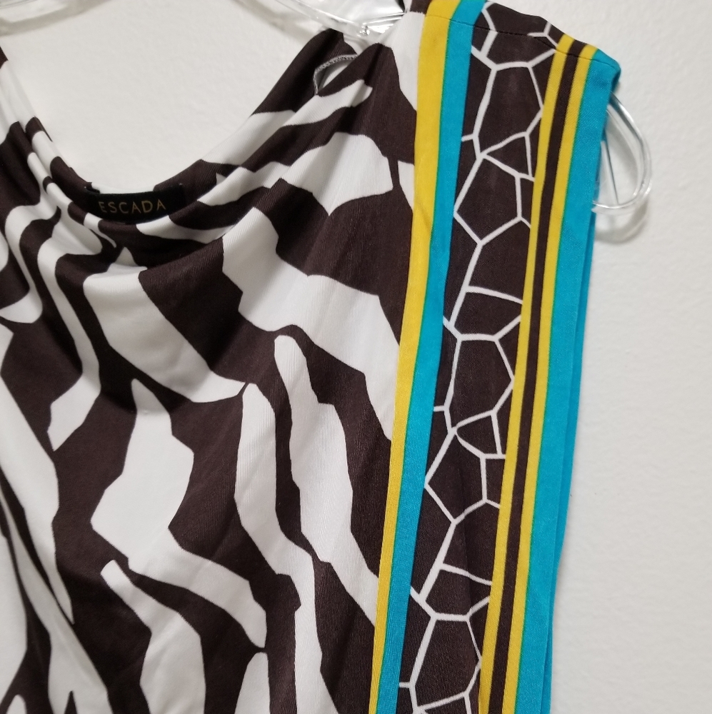 Escada Brown Animal Print Combo Jersey Blouse Belted Sleeveless Size Small - Picture 5 of 12